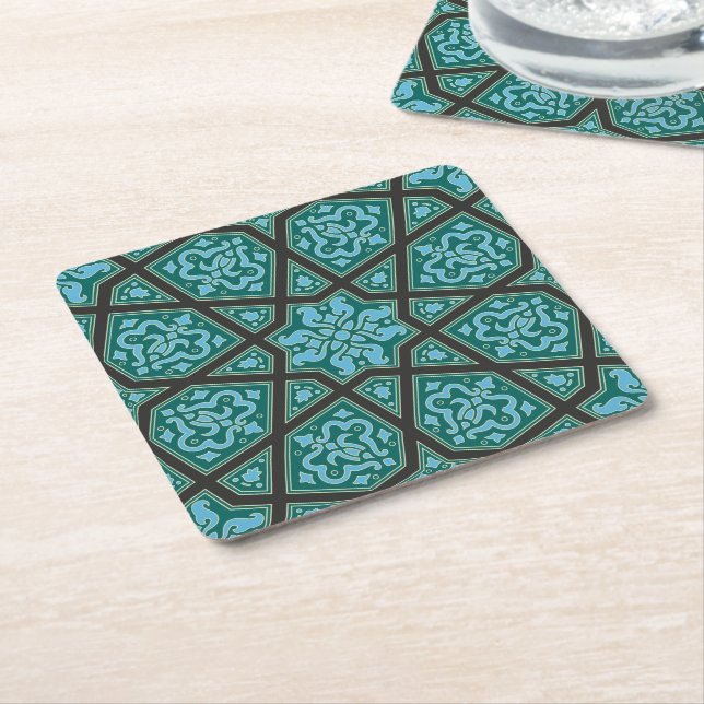 Oriental Blue Grey Arabic Egypt Geometric Pattern Square Paper Coaster (Angled)
