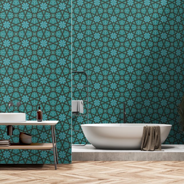 Oriental Blue Grey Arabic Egypt Geometric Pattern Wallpaper (Bathroom)