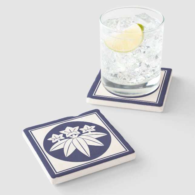 Oriental Blue Kamakura Minamoto Japan Mon Art Stone Coaster (Side)
