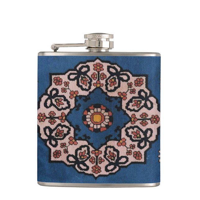 Oriental Blue Persian Turkish Pattern, Carpet Hip Flask (Front)