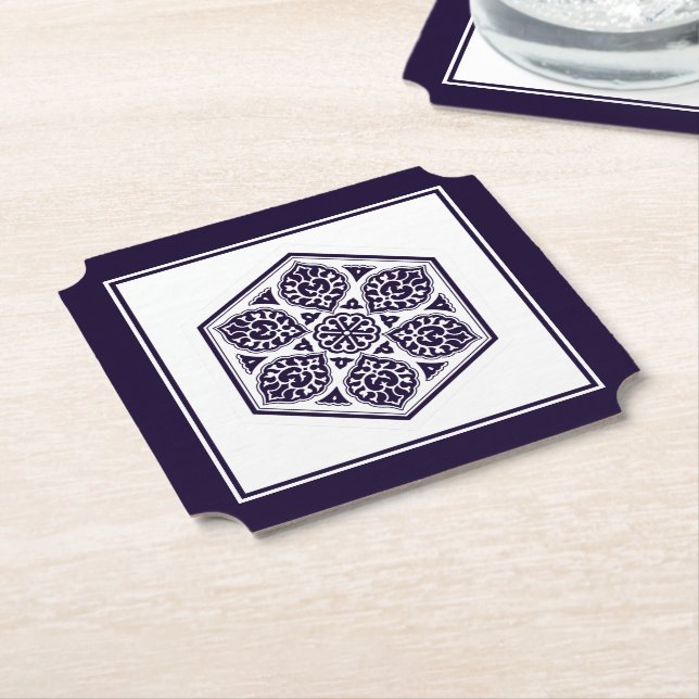 Oriental Blue Turkish Rosette Geometric Vector Art Paper Coaster (Angled)