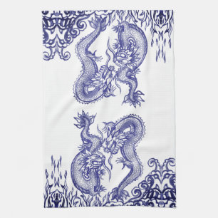 Oriental Blue White Dragon Chinese Fire & Water Tea Towel