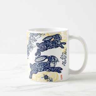 Oriental Blue White Gold Rabbit Floral Chinoiserie Coffee Mug