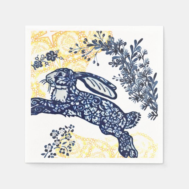 Oriental Blue White Yellow Rabbit Chinoiserie Napkin (Front)