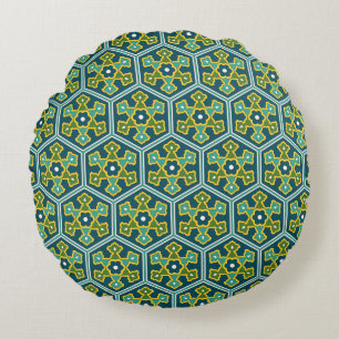 Oriental Blue Yellow Green Ottoman Turkish Hexagon Round Cushion