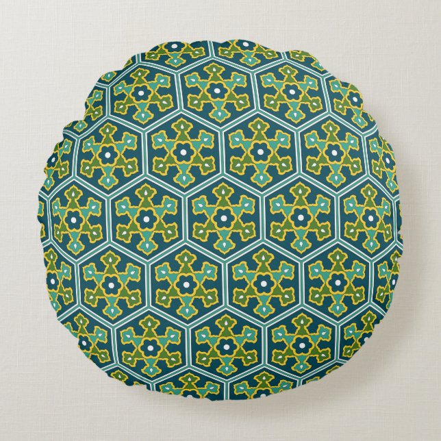 Oriental Blue Yellow Green Ottoman Turkish Hexagon Round Cushion (Front)