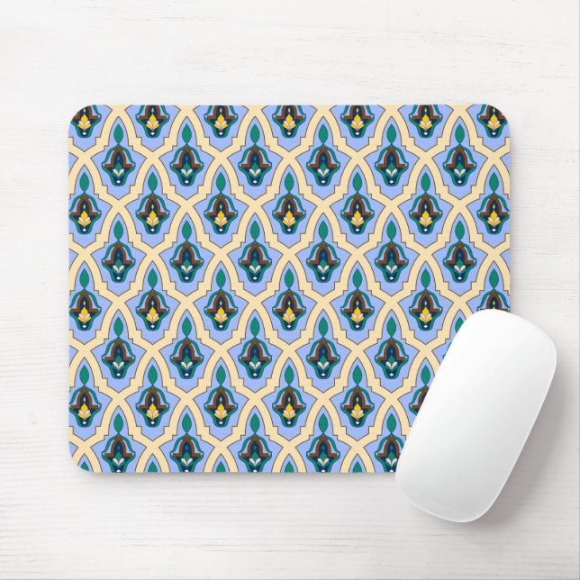 Oriental Blue Yellow Moroccan Arabic Tracery Mouse Mat (With Mouse)