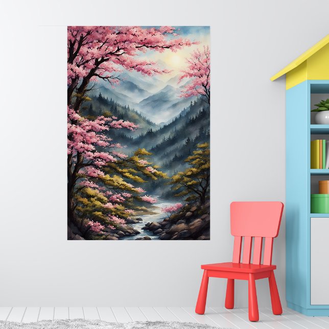 Oriental Cherry Blossoms Watercolor Painting Poster (Nursery 1)