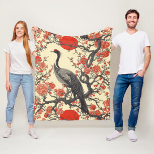 Oriental Crane and Peony - Traditional Asian Art Fleece Blanket