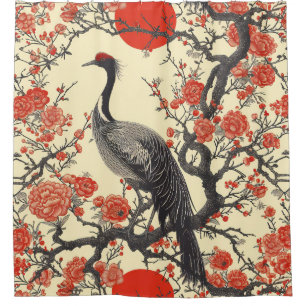 Oriental Crane and Peony - Traditional Asian Art Shower Curtain