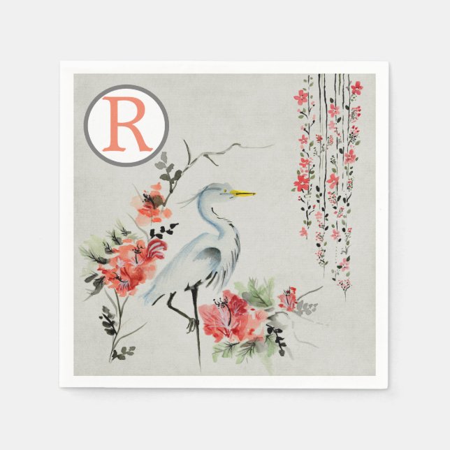 Oriental Crane Pink Floral Chinoiserie Monogram Napkin (Front)