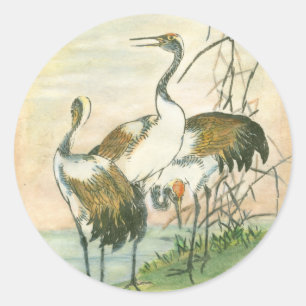 Oriental Cranes by the Water Classic Round Sticker