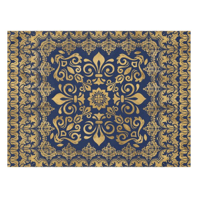Oriental Damask Ornament - Gold on dark blue #1 Tablecloth (Front (Horizontal))
