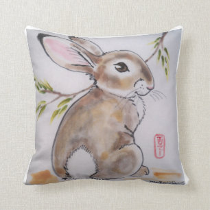 Oriental Design Rabbit Pillow, Original Artwork Cushion