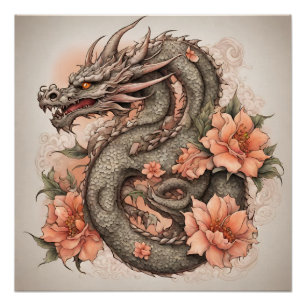 Oriental Dragon and Flowers  Poster