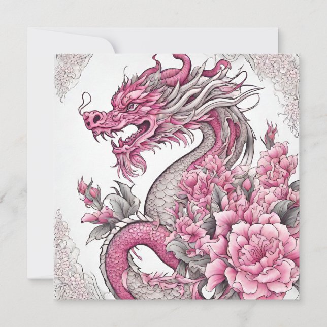 Oriental Dragon and Pink Flowers  Card (Front)