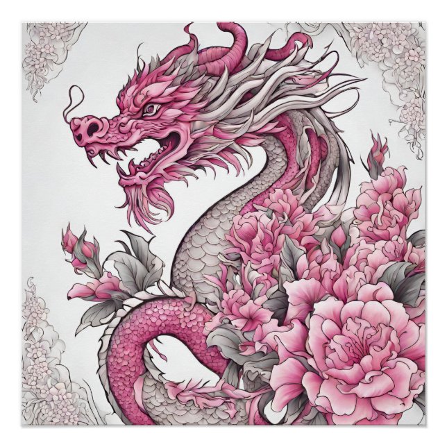Oriental Dragon and Pink Flowers  Poster (Front)