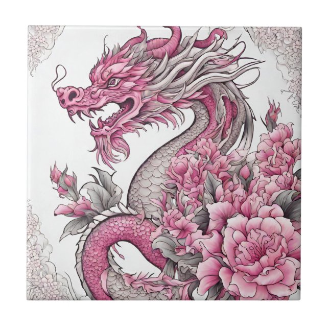 Oriental Dragon and Pink Flowers  Tile (Front)