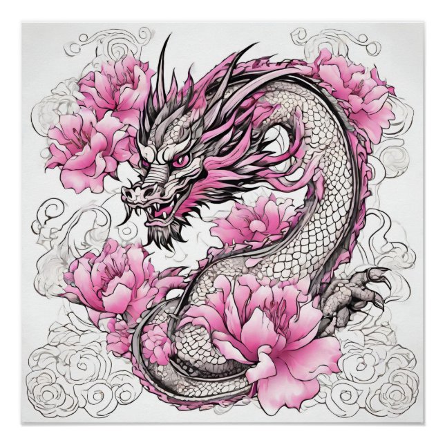 Oriental Dragon with Vibrant Pink Flowers  Poster (Front)