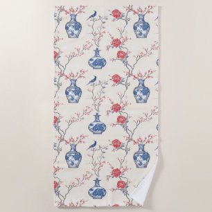 Oriental Elegance: Blue Porcelain and Blossoms Beach Towel
