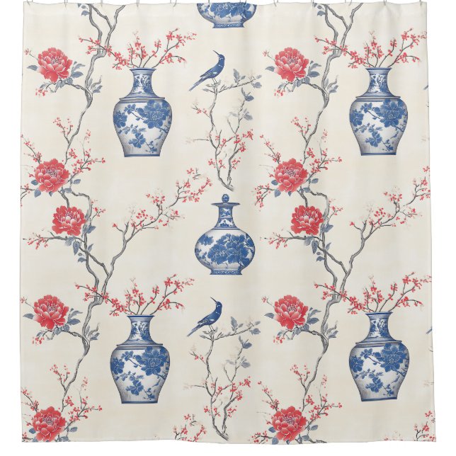 Oriental Elegance: Blue Porcelain and Blossoms Shower Curtain (Front)