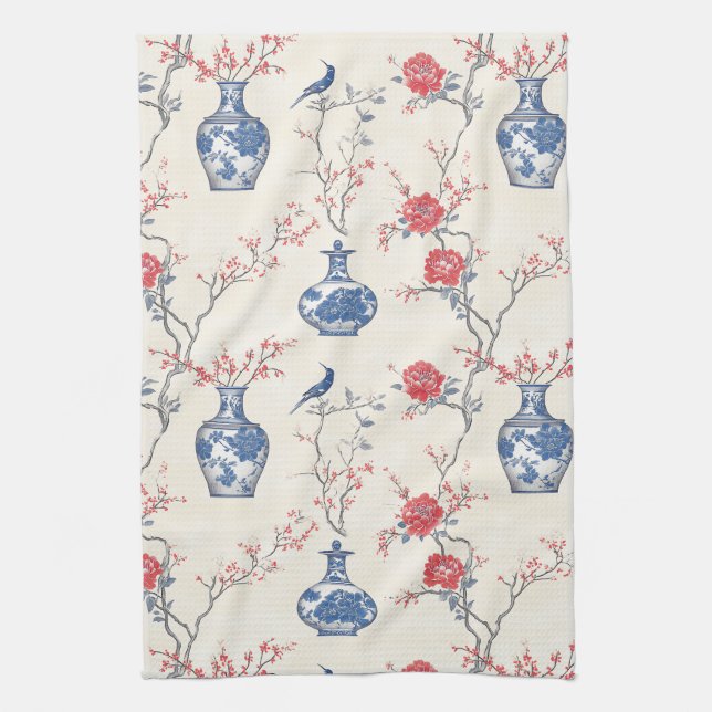 Oriental Elegance: Blue Porcelain and Blossoms Tea Towel (Vertical)
