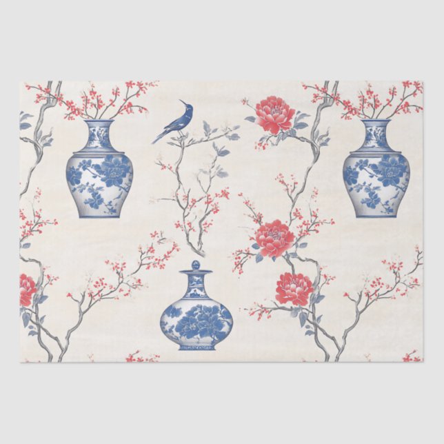 Oriental Elegance: Blue Porcelain and Blossoms Tissue Paper (Front)