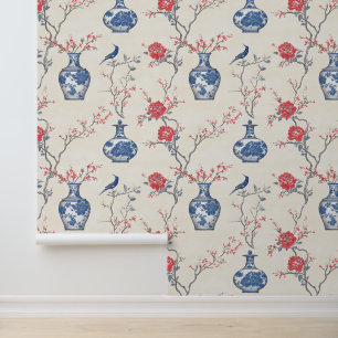 Oriental Elegance: Blue Porcelain and Blossoms Wallpaper