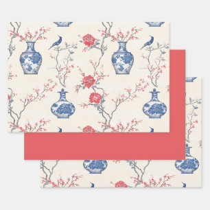 Oriental Elegance: Blue Porcelain and Blossoms Wrapping Paper Sheet