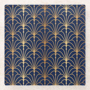 Oriental Elegance: Golden Fan Pattern Glass Coaster