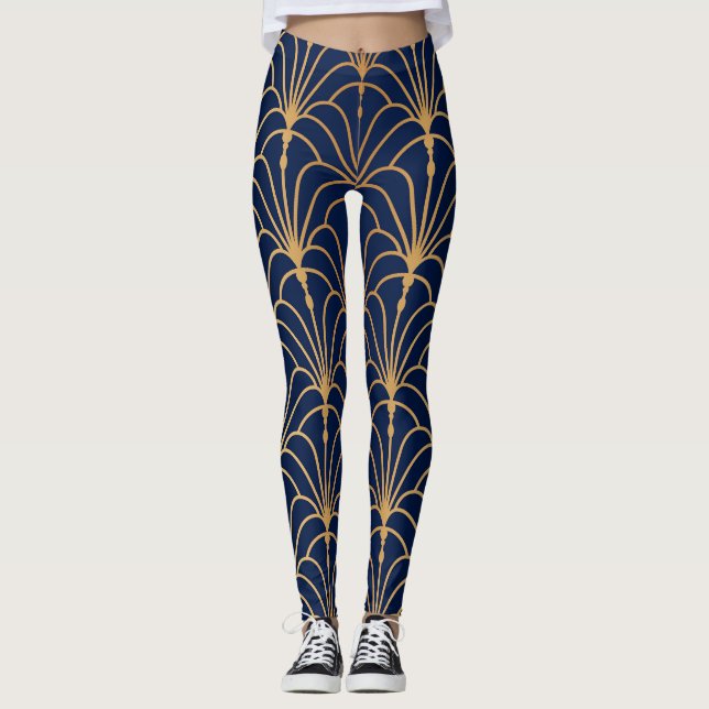 Oriental Elegance: Golden Fan Pattern Leggings (Front)