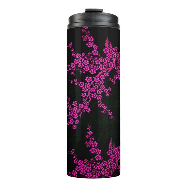 Oriental floral cherry blossom black pink thermal tumbler (Front)