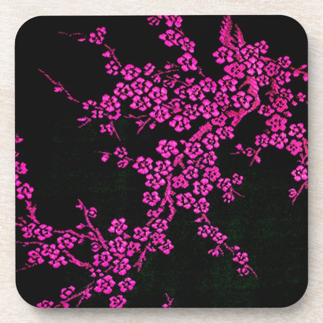 Oriental floral cherry blossom japanese pink black coaster (Front)