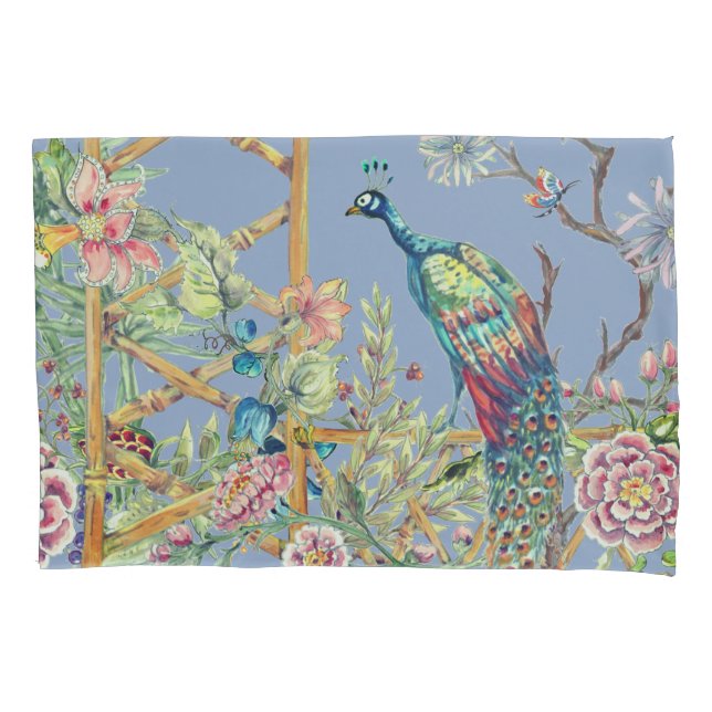 Oriental Floral Garden & Peacock Chinoiserie Blue Pillowcase (Front)