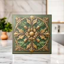 Oriental Floral Ornament Tile - Green and Gold