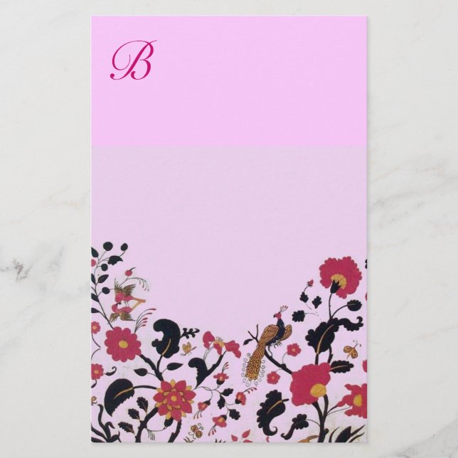 ORIENTAL FLOWERS,BIRDS PEACOCKS PINK FLORAL  STATIONERY (Front)