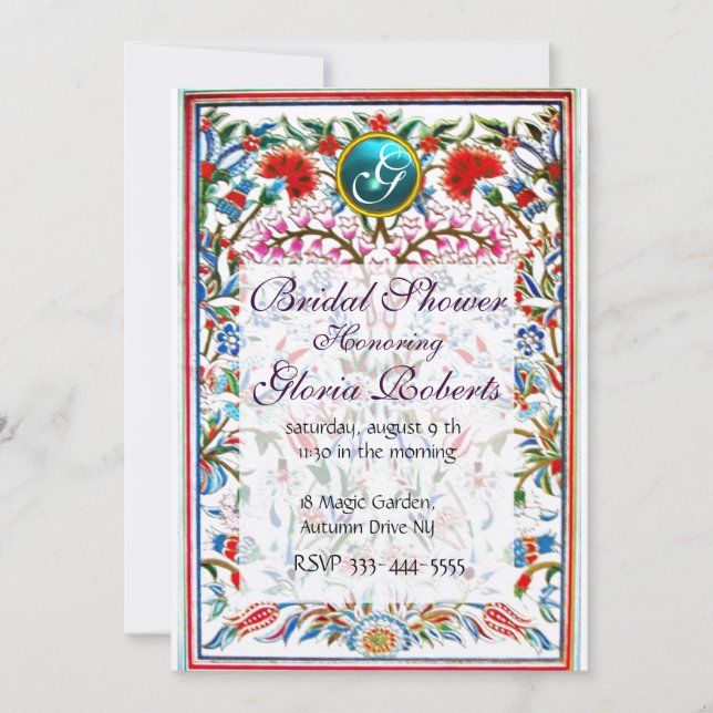 ORIENTAL FLOWERS DAMASK GEM MONOGRAM Pink Blue Invitation (Front)