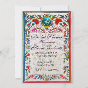ORIENTAL FLOWERS DAMASK GEM MONOGRAM Pink Blue Invitation