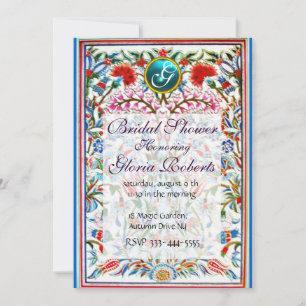 ORIENTAL FLOWERS DAMASK MONOGRAM Blue Aquamarine Invitation
