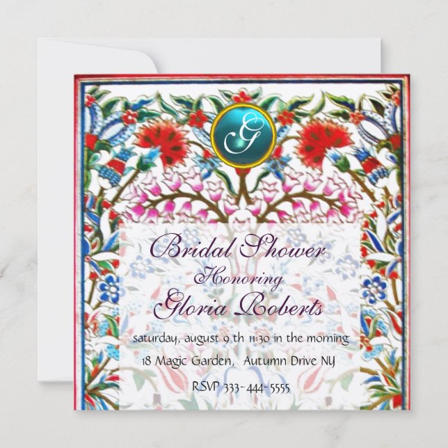 ORIENTAL FLOWERS DAMASK MONOGRAM Blue Champagne Invitation (Front)