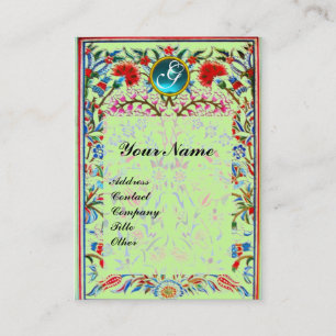ORIENTAL FLOWERS DAMASK MONOGRAM Blue Green Business Card