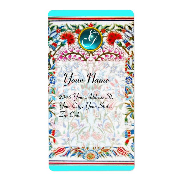 ORIENTAL  FLOWERS DAMASK MONOGRAM Blue Turquase (Front)