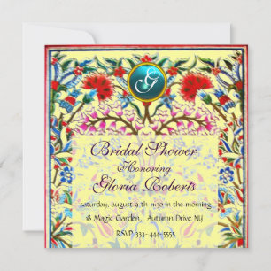 ORIENTAL FLOWERS DAMASK MONOGRAM Blue Yellow Invitation