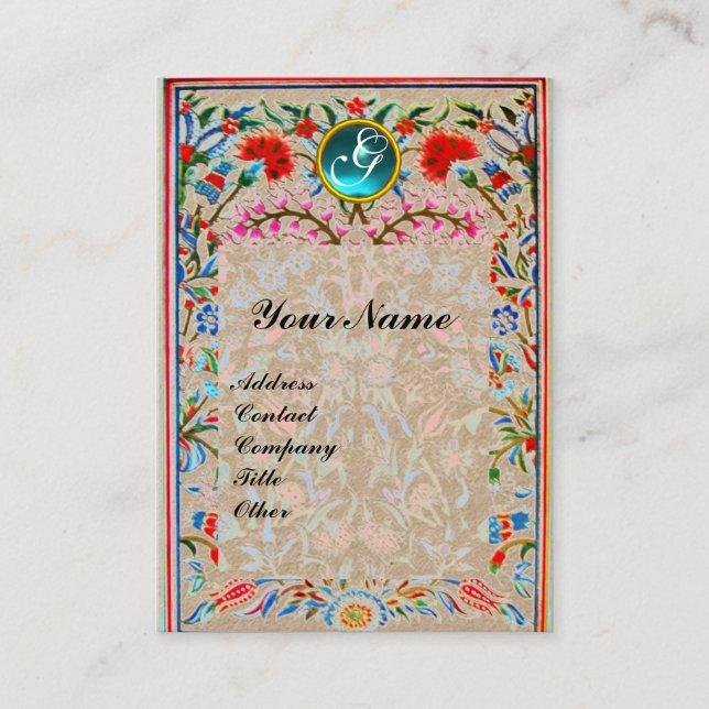 ORIENTAL FLOWERS DAMASK MONOGRAM Red Blue Kraft Business Card (Front)
