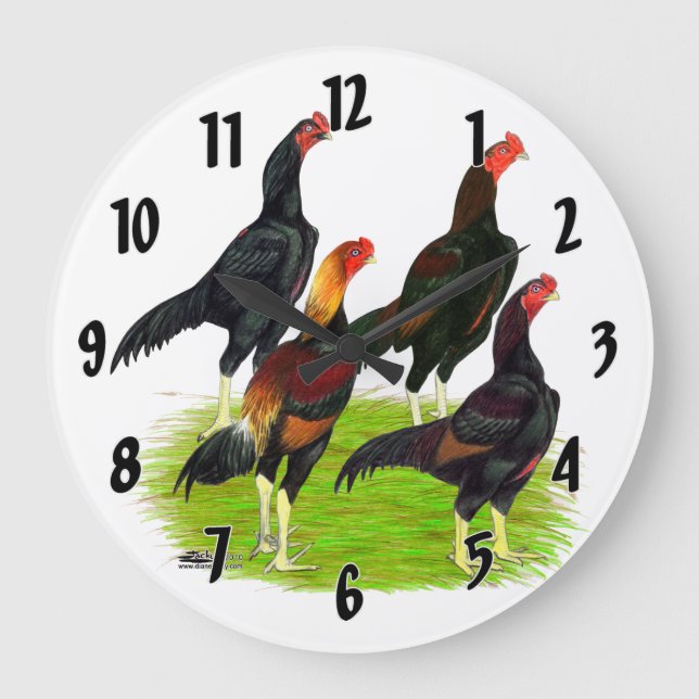 Oriental Game Fowl Quartet Large Clock (Front)