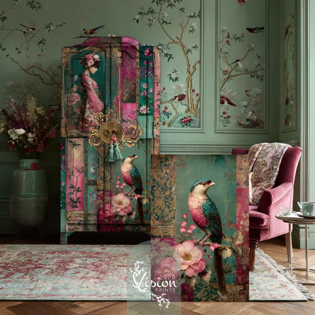 Oriental Garden Bird & Floral Collage Art Tissue Paper (Oriental Garden, Bird & Floral, Patchwork Collage, Chinoiserie Art, Decoupage Tissue Paper)