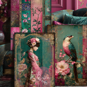 Oriental Garden, Portrait, Bird, Patchwork, Floral Wrapping Paper Sheet