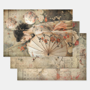 Oriental Geisha Aesthetics Heavy Weight Decoupage  Wrapping Paper Sheet