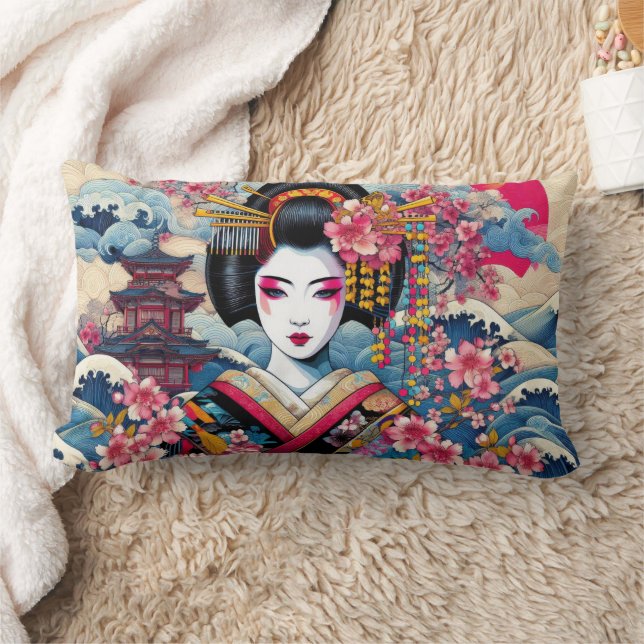Oriental Geisha Maiko Kanagawa waves temple Lumbar Cushion (Blanket)