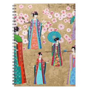Oriental girl in retro costumejapanese, chinese, a notebook